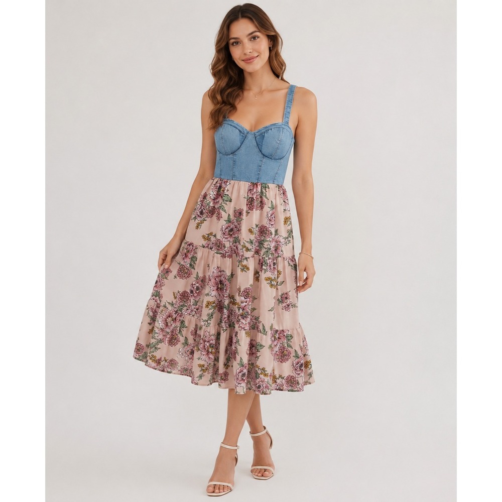 BOG Collective Dress Womens Medium Blue Pink Chambray Floral Print Boho NEW